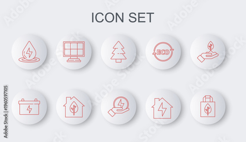 Set line Shopping bag with recycle, Car battery, Christmas tree, House and lightning, Water energy, Solar panel, Eco friendly house and Lightning bolt icon. Vector