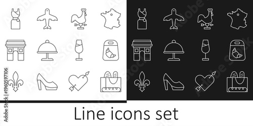 Set line French baguette bread, Croissant package, Rooster weather vane, Covered with tray, Triumphal Arch, Woman dress, Wine glass and Plane icon. Vector