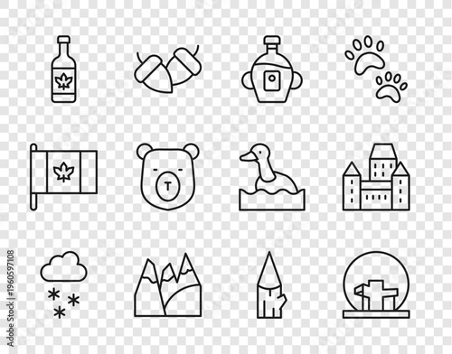 Set line Cloud with snow, Montreal Biosphere, Maple syrup, Mountains, Beer bottle, Bear head, Wooden log and Chateau Frontenac hotel icon. Vector