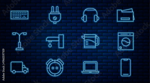 Set line Smartphone, Washer, Headphones, Water tap, Street light, Keyboard, Electric kettle and plug icon. Vector