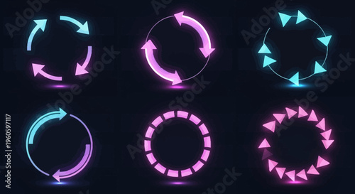 Neon Circular Arrows and Triangles Loading Icons on Dark Background