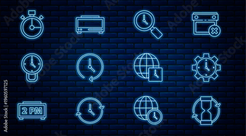 Set line Old hourglass, Time Management, Magnifying with clock, Clock, Stopwatch, World time and Digital alarm icon. Vector