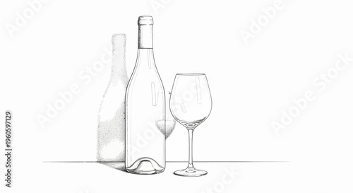 Elegant White Wine Bottle and Glass, Minimalist Sketch, Isolated on White Background