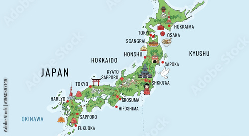 Illustrated Map of Japan with Major Cities and Landmarks, Travel and Culture