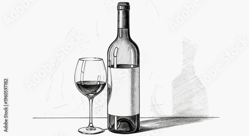 Elegant Wine Bottle and Glass, Black and White Sketch Drawing