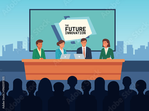 panel discussion talk show stage illustration presentation audience forum conference meeting