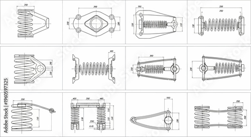 Engineering Drawings of Mechanical Springs and Suspension Systems