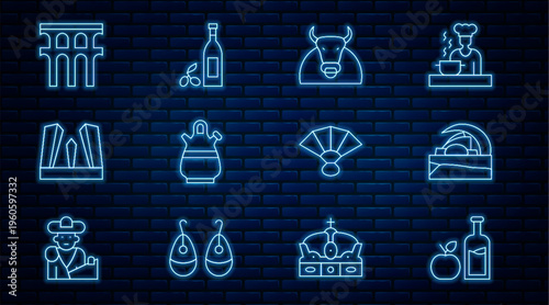 Set line Apple cider bottle, Concert hall Tenerife, Bull, Sangria pitcher, Gate of Europe, Aqueduct Segovia, Fan flamenco and Bottle olive oil icon. Vector