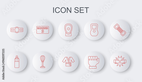 Set line Punch in boxing gloves, Punching bag, Boxing training paws, MMA, belt, ring board, and Japanese costume Kimono icon. Vector