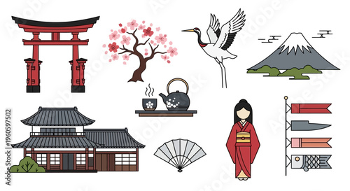 Japan Travel Icons: Torii Gate, Mt Fuji, Geisha, Cherry Blossom, Crane, Tea Set, Fan, Koinobori