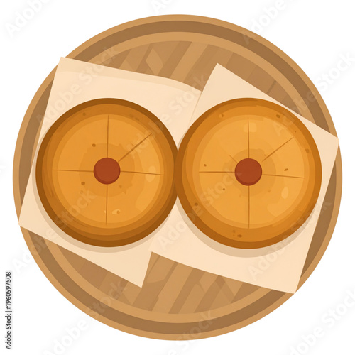 Top-view illustration of two round Indian sweets served on parchment paper in a wooden tray, featuring a simple, warm-toned presentation with a rustic and traditional aesthetic