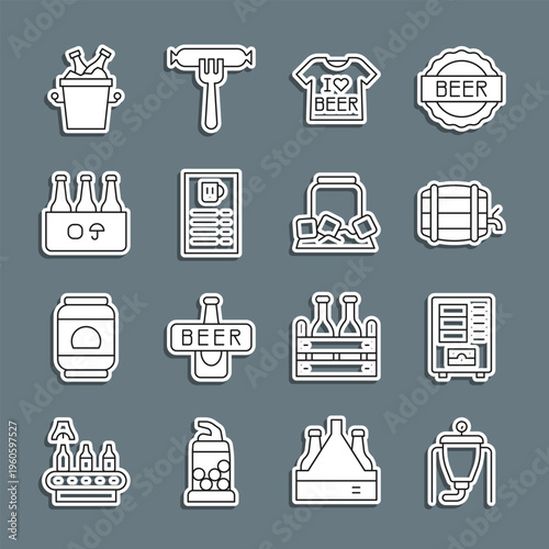 Set line Beer brewing process, Vending machine, Wooden barrel on rack, T-shirt, menu, Pack of beer bottles, ice bucket and Cold can icon. Vector
