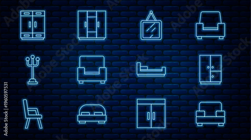 Set line Armchair, Wardrobe, Mirror, Coat stand, Bed and icon. Vector