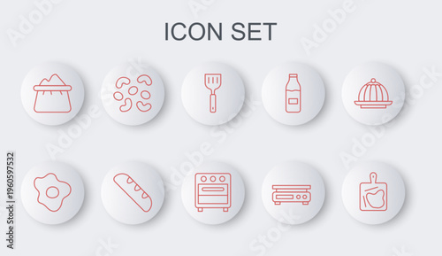 Set line Cutting board, Scrambled eggs, Spatula, Electronic scales, Bag of flour, Jelly candy, French baguette bread and Oven icon. Vector