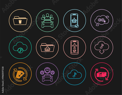 Set line Refund money, Cloud download music, Flight mode in the mobile, Folder upload, Music streaming service, Delete folder, and Car sharing icon. Vector