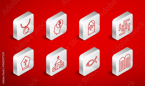 Set line The commandments, Cross ankh, Easter cake, Hindu swastika, Christian fish, Star crescent on chain, Church building and Pope hat icon. Vector