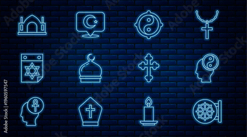Set line Dharma wheel, Yin Yang, Muslim Mosque, Jewish calendar, Hindu spiritual temple, Christian cross and Star and crescent icon. Vector