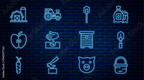 Set line Basket, Shovel, Seeds, Apple, Farm house, Hive for bees and Tractor icon. Vector