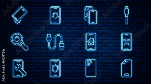 Set line Glass screen protector, Dead mobile, Mobile with broken, USB cable cord, System bug, Shockproof phone, smart home and icon. Vector