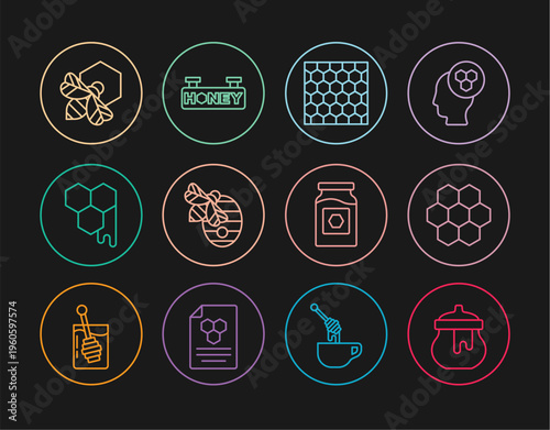Set line Jar of honey, Honeycomb, Hive for bees, Bee and honeycomb, and Hanging sign with icon. Vector
