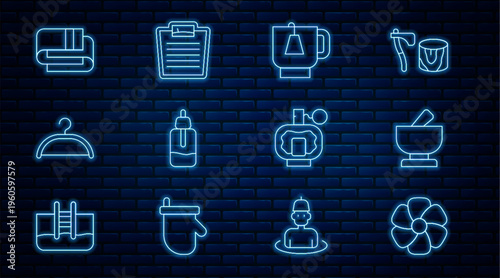 Set line Flower, Mortar and pestle, Cup of tea with tea bag, Essential oil bottle, Hanger wardrobe, Towel stack, Aftershave and Bathroom scales icon. Vector