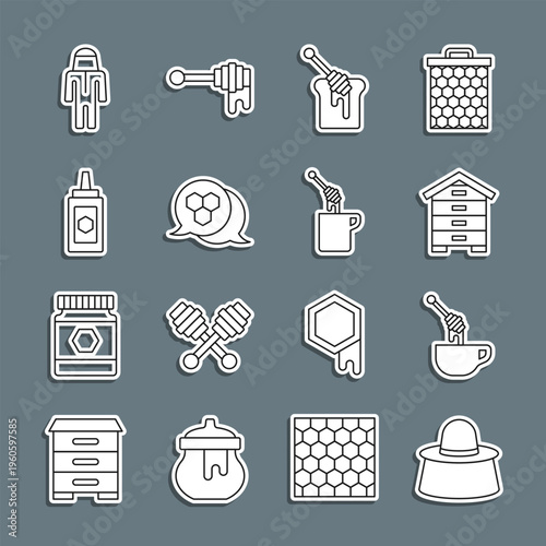 Set line Beekeeper with protect hat, Honey dipper stick honey, Hive for bees, Honeycomb, Jar of, and icon. Vector