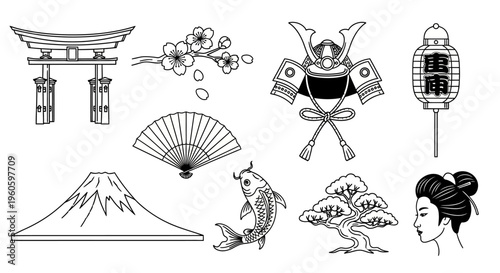 Japanese Culture Icons: Mount Fuji, Samurai Helmet, Geisha, Koi Fish, Fan, Lantern, Torii Gate
