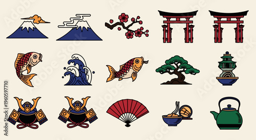 Japanese Culture Icons: Mount Fuji, Torii Gates, Koi Fish, Samurai Helmet, Fan, Tea