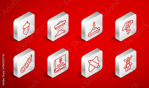 Set line Windmill, Sifting flour, Seed, Rolling pin on dough, Acorn, oak nut, seed, Book about seeds and Green peas icon. Vector