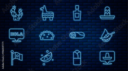 Set line Mexican sombrero, Hot chili pepper pod, Tequila bottle, Taco with tortilla, Hola, Cactus, Burrito and Pinata icon. Vector