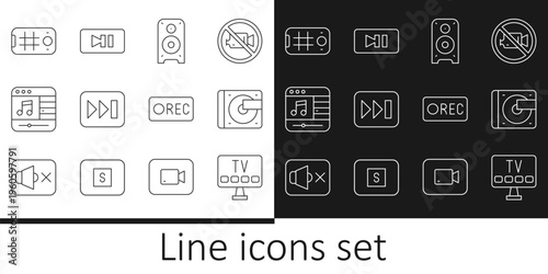 Set line Smart Tv, Vinyl player with vinyl disk, Stereo speaker, Fast forward, Music, Selfie on mobile, Record button and Pause icon. Vector