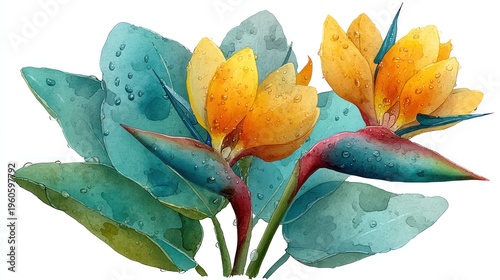 Watercolor illustration of two bird-of-paradise flowers with teal leaves and water droplets