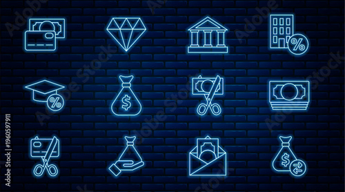Set line Money bag, Stacks paper money cash, Bank building, Graduation cap and coin, Credit card, Scissors cutting and Diamond icon. Vector