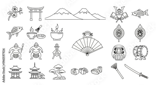 Japanese Culture Icons: Traditional Symbols, Landmarks, Food, and Nature Elements