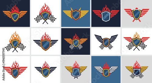 Racing Emblems Collection: Shields, Flames, Wings, and Checkered Flags