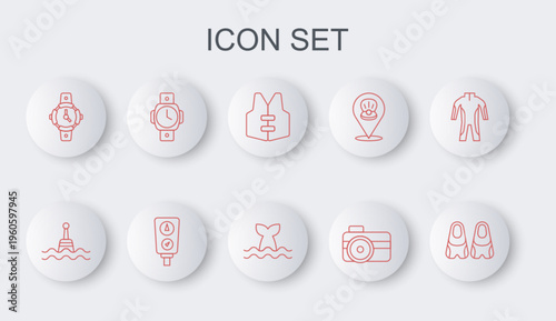 Set line Flippers for swimming, Floating buoy, Life jacket, Photo camera diver, Diving watch, Gauge scale and Whale tail icon. Vector