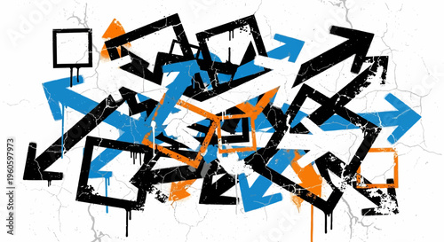 Graffiti Arrows and Squares Chaos on Cracked Wall Background