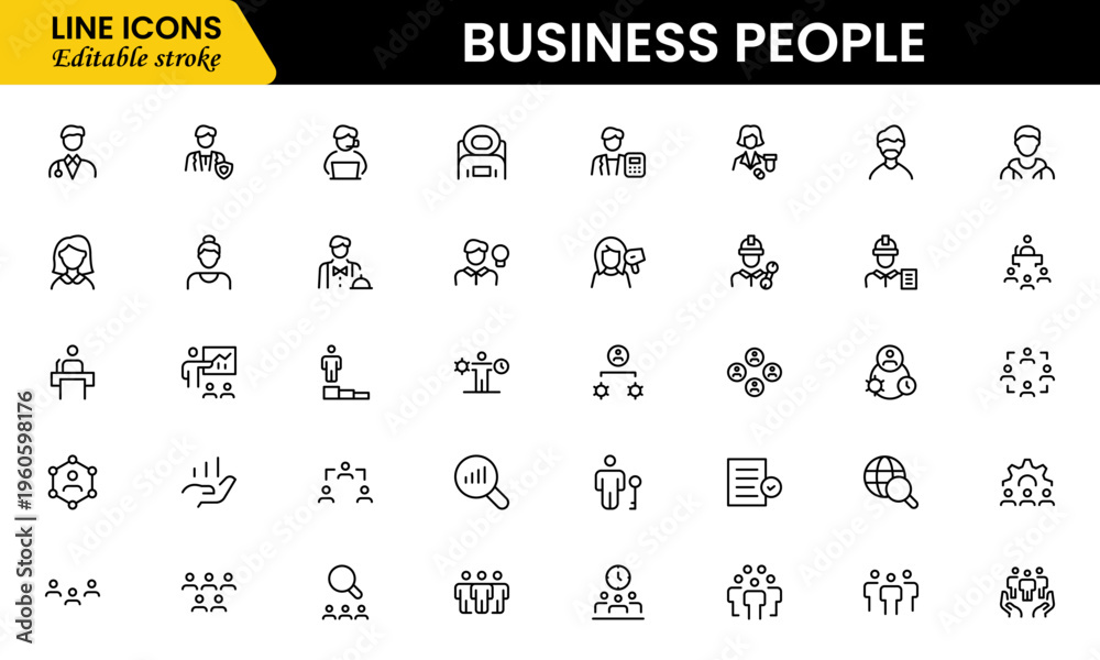 Fototapeta premium Business people line icons set. Businessman outline icons collection. Teamwork, human resources, meeting, partnership, meeting, work group, success, resume 