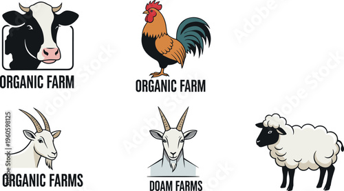 Farm animal logo collection with cow rooster goat and sheep organic agriculture branding vector illustration set