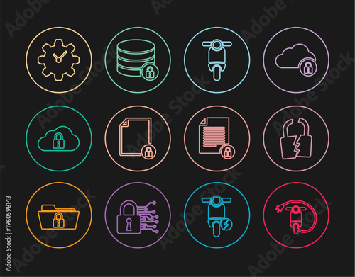 Set line Electric scooter, Broken or cracked lock, Scooter, Document and, Cloud computing, Time Management, and Server security with icon. Vector