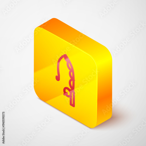 Isometric line Fishing rod icon isolated on grey background. Catch a big fish. Fishing equipment and fish farming topics. Yellow square button. Vector
