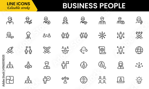 Business people line icons set. Businessman outline icons collection. Teamwork, human resources, meeting, partnership, meeting, work group, success, resume 