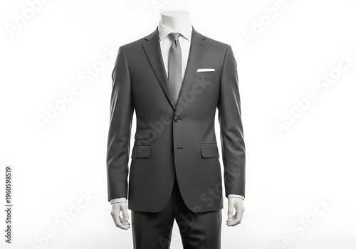 A professional dark grey two-piece suit on a mannequin with a crisp white shirt and matching tie