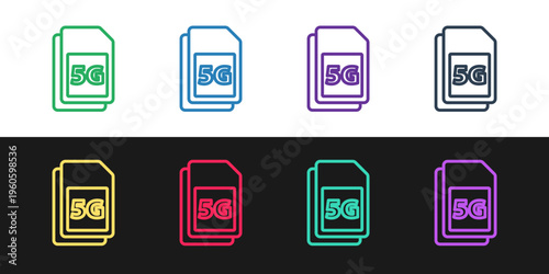 Set line 5G Sim Card icon isolated on black and white background. Mobile and wireless communication technologies. Network chip electronic connection. Vector