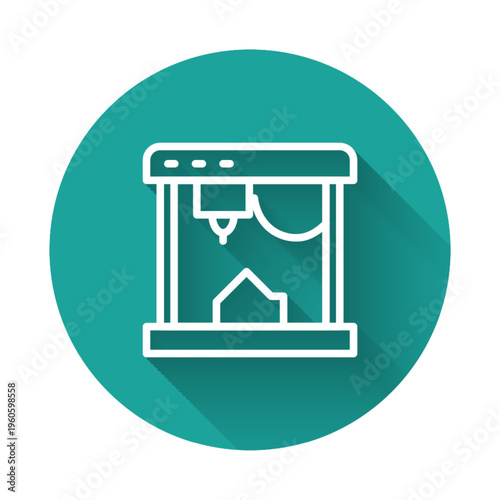 White line 3D printer icon isolated with long shadow. Green circle button. Vector