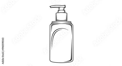 Hand drawn sketch of a pump dispenser bottle, isolated on white background.