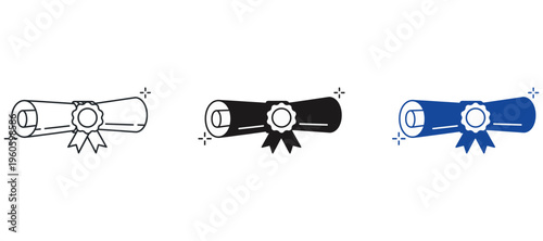 Diploma Scroll Icon Set, Graduation Certificate with Seal and Ribbon Vector Illustration, Academic Achievement and Success Symbols, Minimalistand Solid Style, Blue and Black