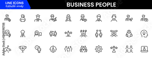 Business people line icons set. Businessman outline icons collection. Teamwork, human resources, meeting, partnership, meeting, work group, success, resume 