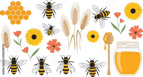 Honey and bees set with honeycomb flowers hive and jar detailed vector illustration collection for beekeeping and organic food design