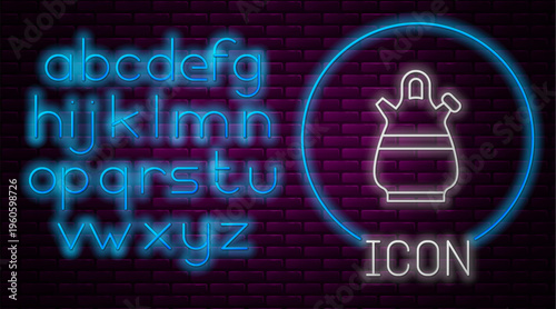 Glowing neon line Sangria pitcher icon isolated on brick wall background. Traditional spanish drink. Neon light alphabet. Vector